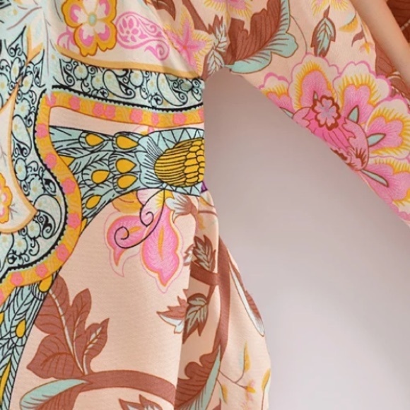 Beige Boho Multi Color Floral Peacock Short Kimono - Picture 5 of 10